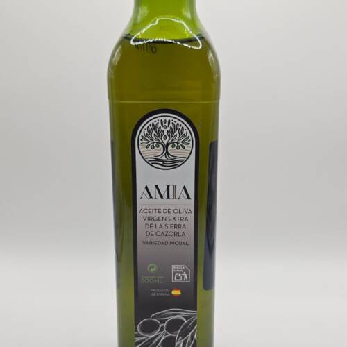 botella 500 ml de aceite de oliva virgen extra picual de la Sierra de Cazorla Amia