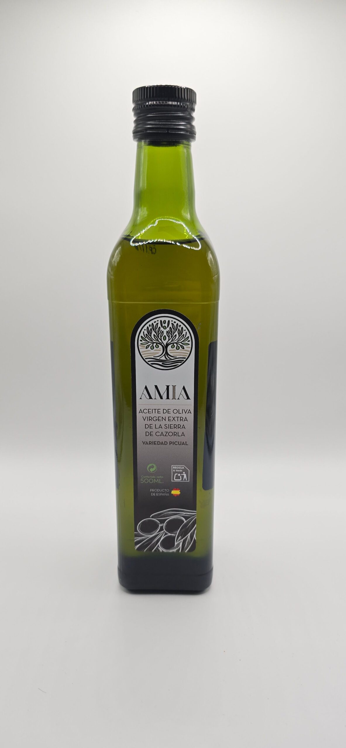 botella 500 ml de aceite de oliva virgen extra picual de la Sierra de Cazorla Amia
