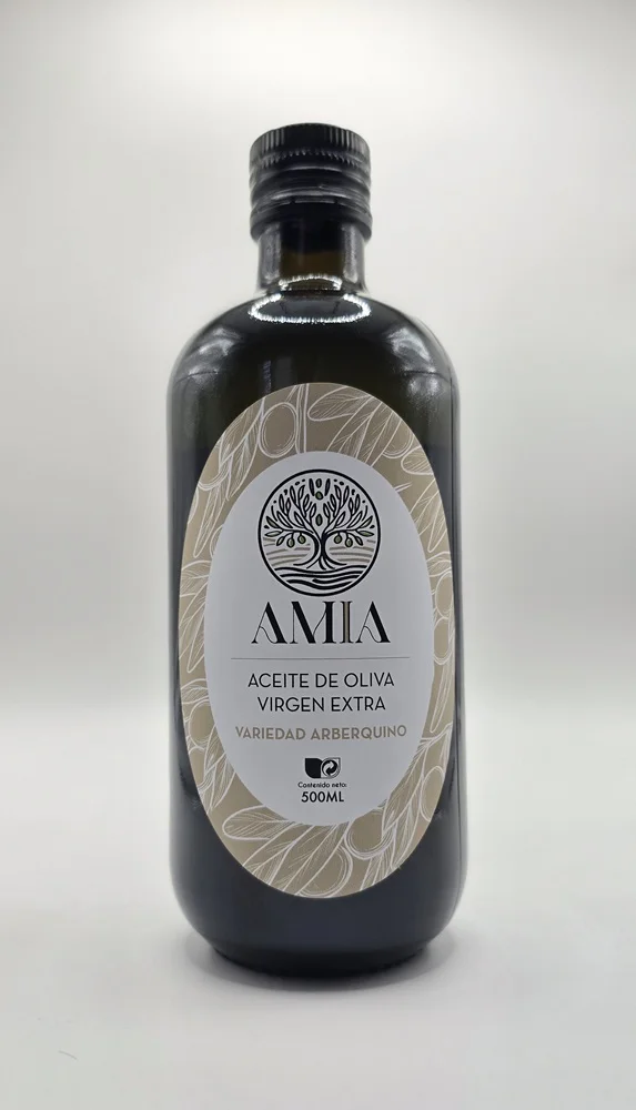 botella 500 ml de aceite de oliva virgen extra arbequino de jaen de primera prensada Amia