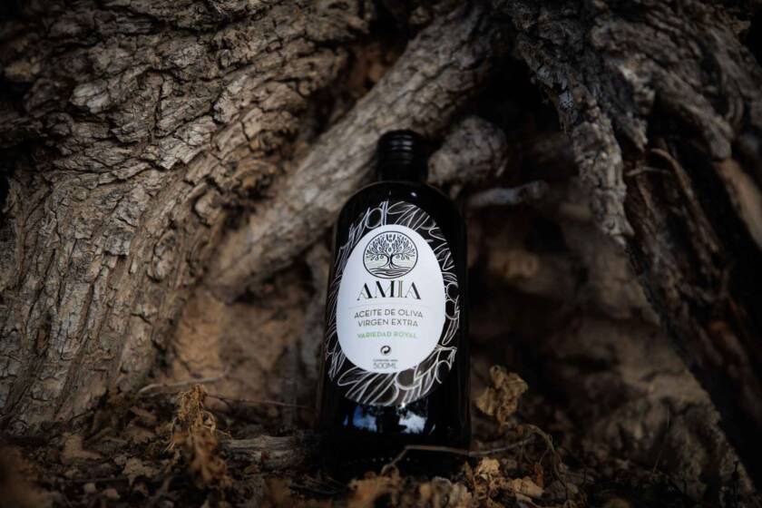 botella de aceite royal de primera prensada en frio Amia sobre tronco de olivo