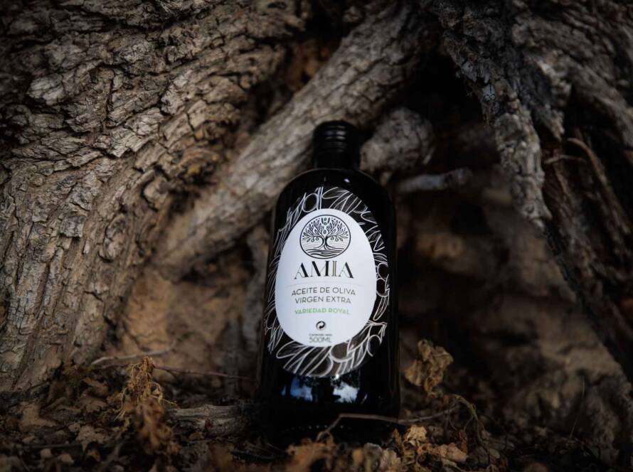 botella de aceite royal de primera prensada en frio Amia sobre tronco de olivo