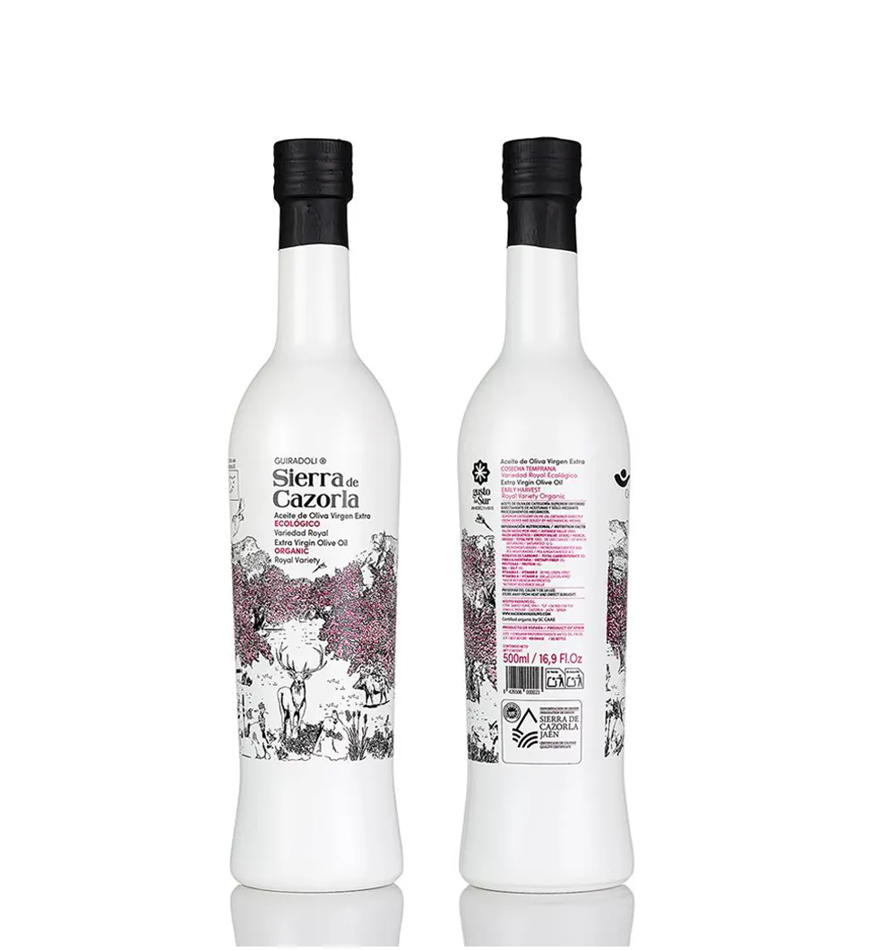 botella 500 ml de aceite de oliva virgen extra ecologico variedad royal de jaen Guiradoli